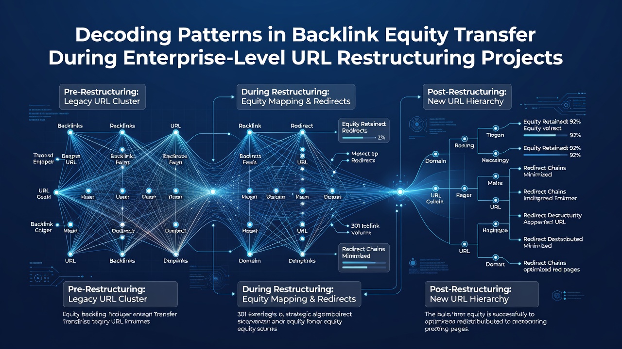 Chart displaying equity retention rates across different redirect strategies in enterprise URL migrations from 2023-2026